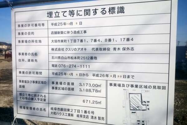クスリのアオキ大垣東町店の埋め立てに関する標識の写真