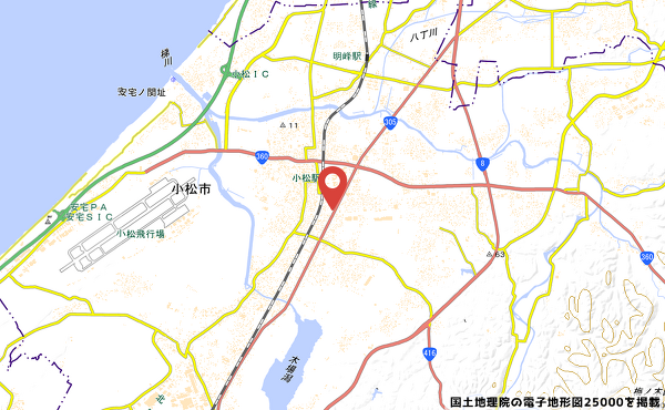 大阪屋ショップ小松店、AOKI小松店の予定地地図の写真