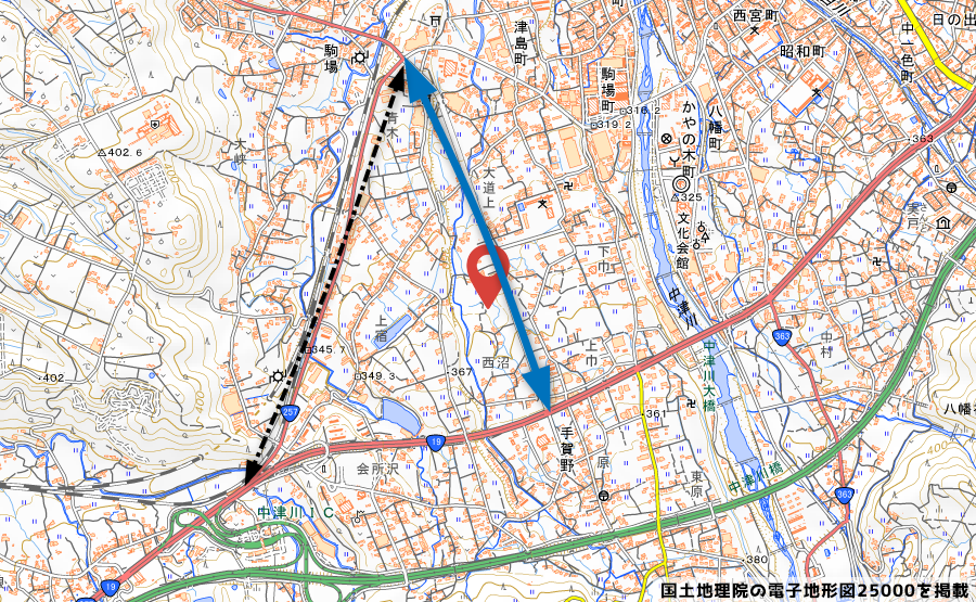 ライフガーデン中津川位置と青木斧戸線の地図