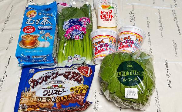 購入した初日の特売、レタス・お菓子、カップ麺など(2025年6月撮影)