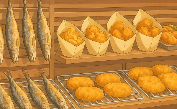 焼き魚や魚のフライなど水産コーナーの惣菜コーナーを再現したアニメ(※イメージです)