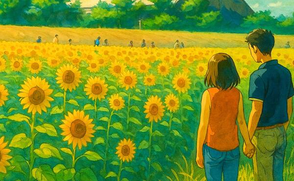 アニメ調に加工したひまわり畑のイメージ写真