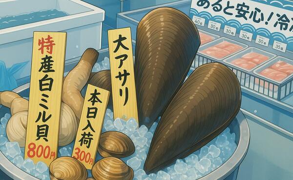 オークワの鮮魚コーナーの巨大貝の商品を再現(2025年6月撮影)