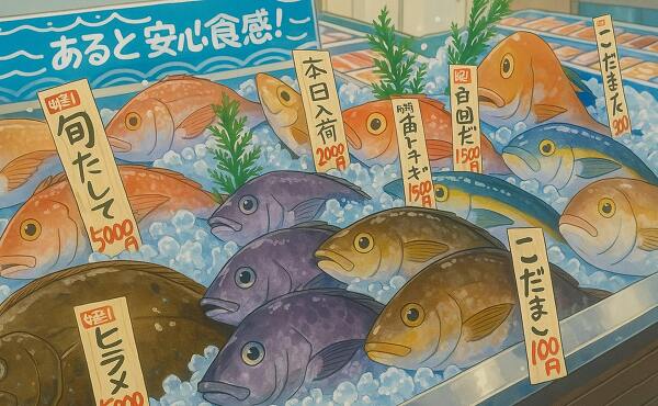 魚の種類の多いオークワの鮮魚コーナーを再現(2025年6月撮影)