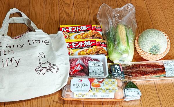 筆者の購入品、うなぎ・たまご・メロン・とうろもこし(2025年6月撮影)