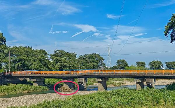 地蔵橋の橋桁に何か引っかかった様子(2025年6月撮影)