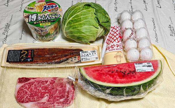 フィール磐田豊田店で購入したスイカ・うなぎ・黒毛和牛など(2025年7月撮影)
