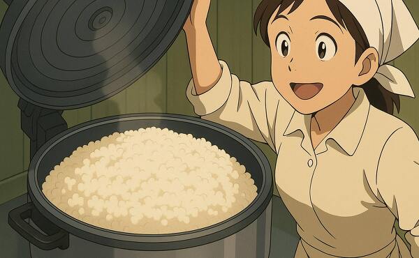 炊飯器の蓋を開ける様子(2025年7月撮影)