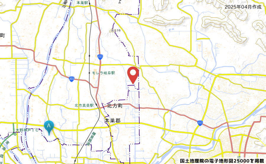 本巣市の建設中のラ・ムー本巣春近店とラ・ムー本巣店の位置