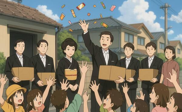 お嫁入り菓子を配る文化の再現イラスト