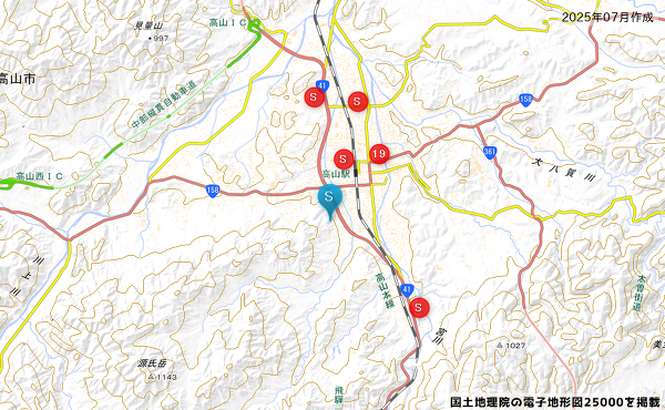 スギドラッグ高山西之一色店周辺の地図。<br>国道41号線沿いに位置する。<br>