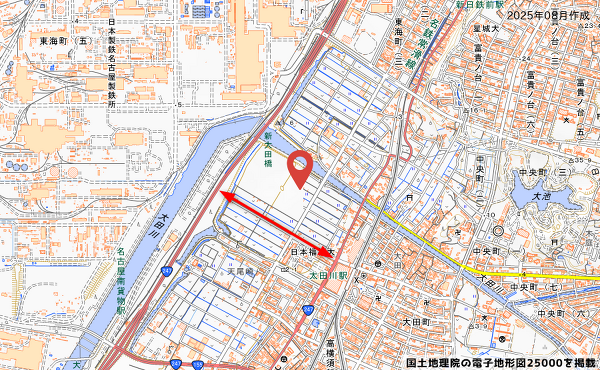 太田川駅西側の東海市東海太田川駅西地区土地区画整理事業地の地図