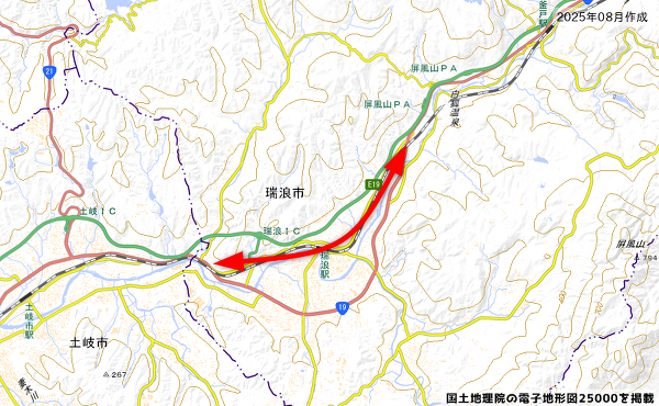 瑞浪バイパスと旧道の地図