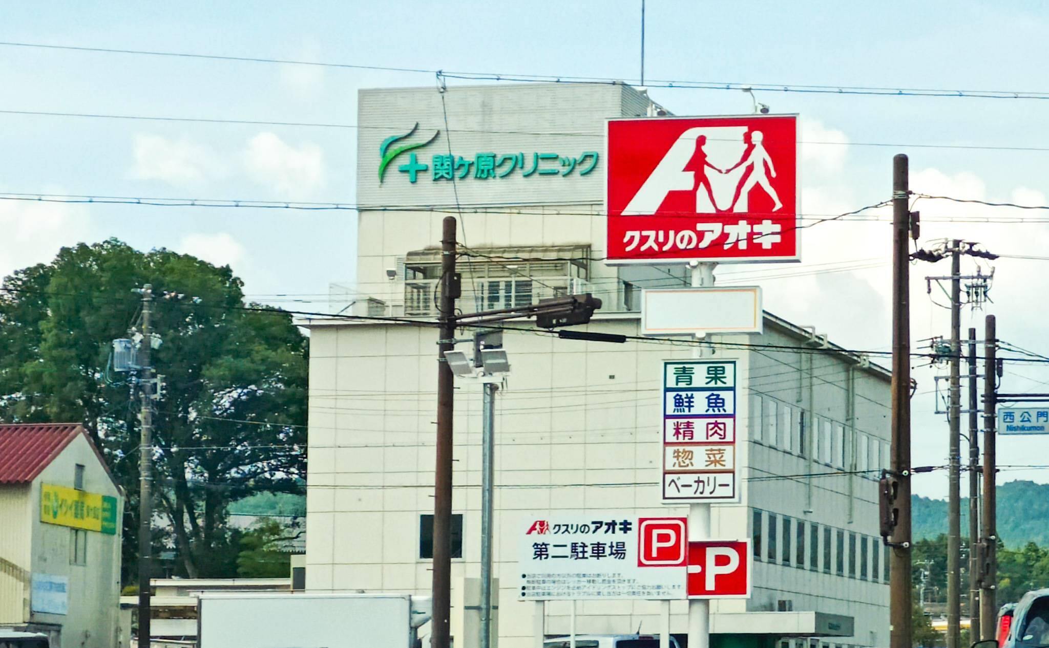 クスリのアオキ関ケ原店の取り扱い品が掲載されたポールサイン（2025年9月撮影）