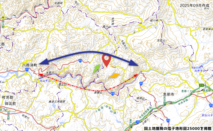 国道418の酷道区間の付け替え道路計画などの地図