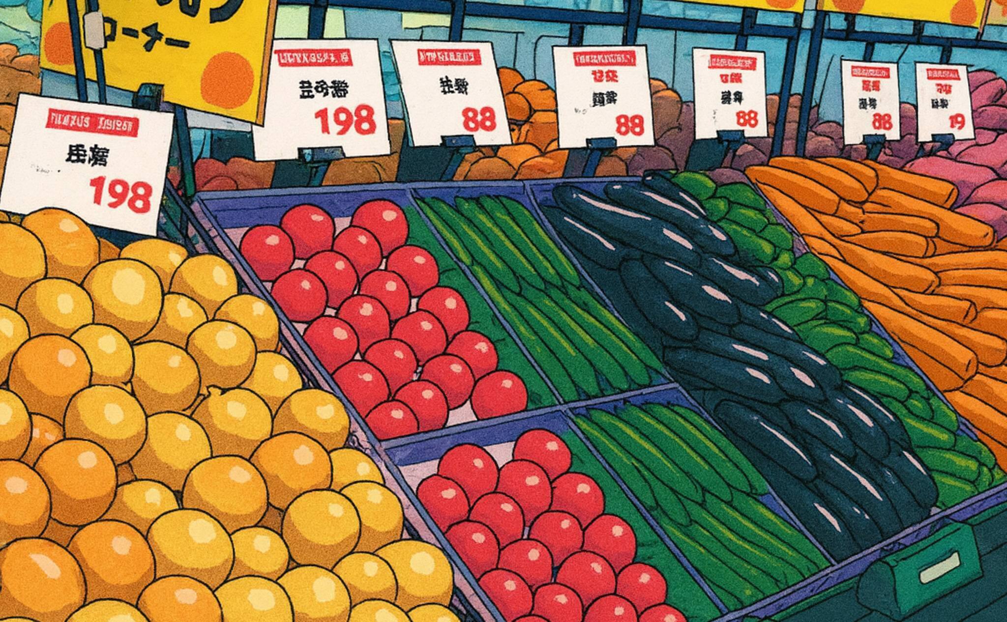 大阪屋ショップ魚津店の野菜コーナーの特売の風景をAIで再現（2025年10月撮影）