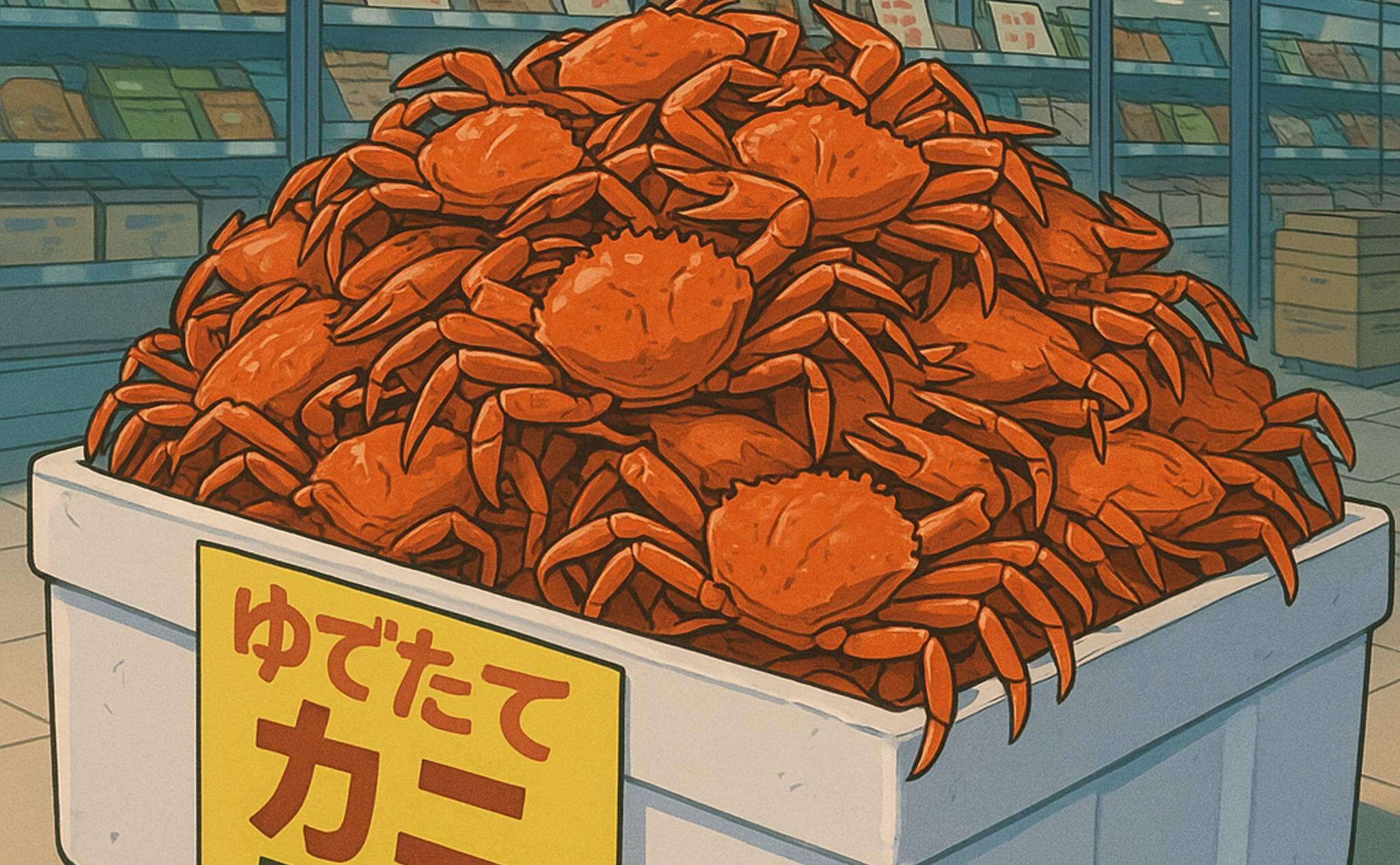 大阪屋ショップ魚津店の水産コーナーにカニが並ぶの特売をAIで再現（2025年10月撮影）
