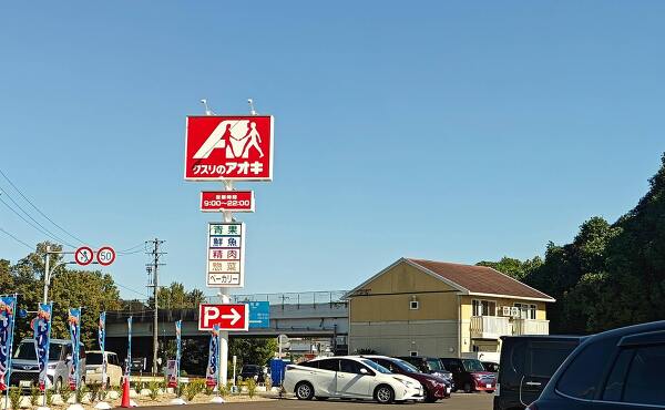 クスリのアオキ小瀬店と駐車場の風景(2025年10月撮影)