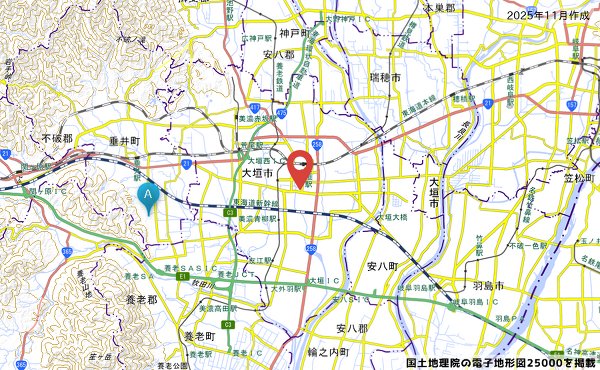 岐阜県大垣市のつちや大垣本店と、垂井にある工場の地図