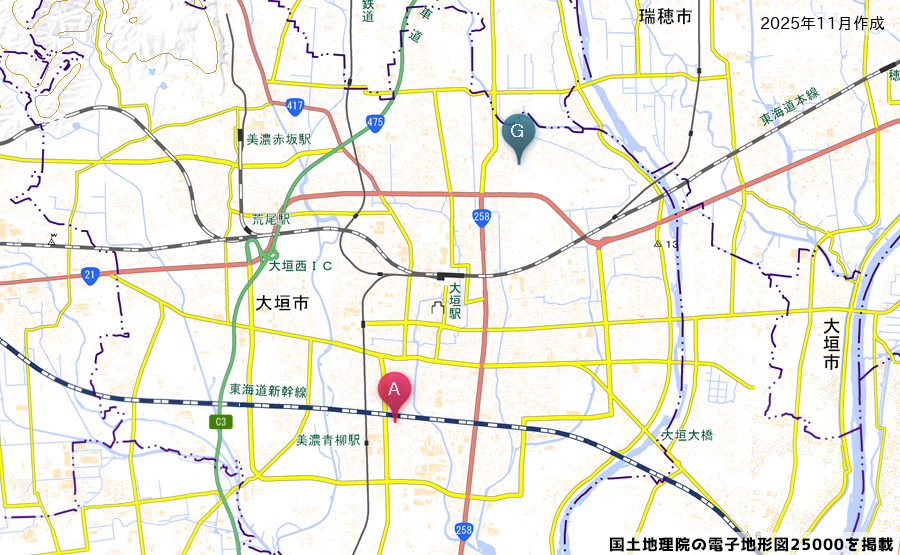 大垣市本今町のクスリのアオキ本今店と大垣市楽田町ゲンキー大垣楽田店の地図