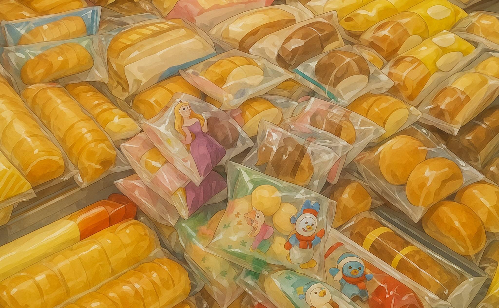 ゲンキーの菓子パンの山盛り陳列を再現したイメージ（2025年11月撮影）