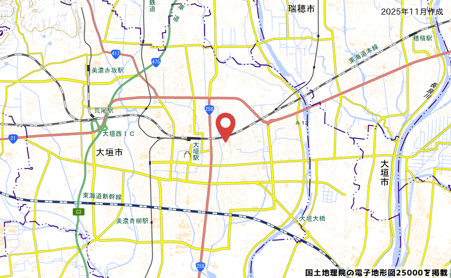 岐阜県大垣市三塚町字西沼５２３−１のイオンタウン大垣内にある大垣コロナワールドの地図